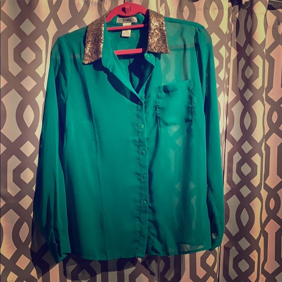Pinky Tops - Green sheer blouse w/ gold sequin collar